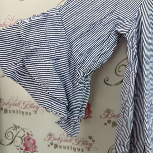 Cleo long sleeve top ruffles frilly tie up Blue Striped Ruffle Sleeve Top - Picture 7 of 13